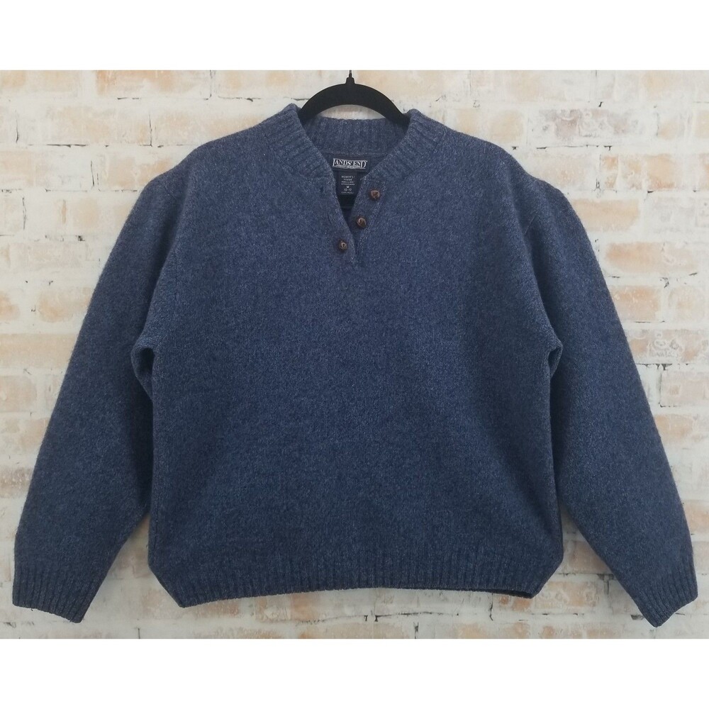 Vtg Lands' End 100% Wool Henley Sweater Women's Medium (10-12) Scotland Blue